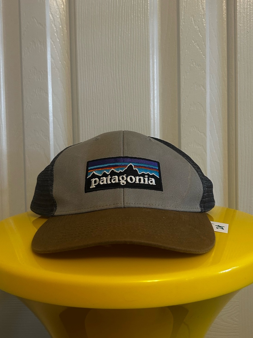Patagonia Two-Tone Trucker Hat in Olive and Brown with Grey/Blue Mesh